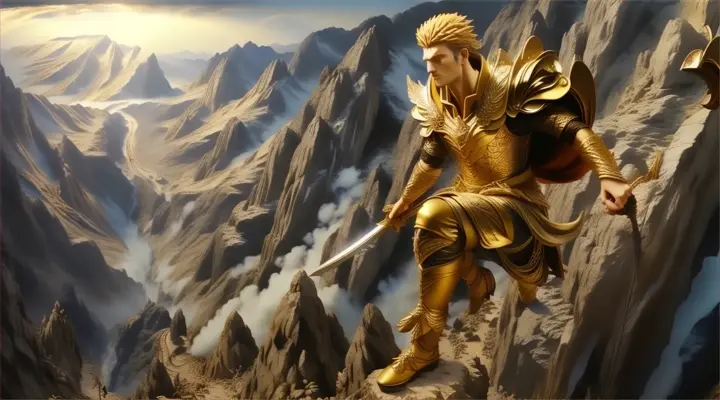 a painting of a man with a sword on top of a mountain