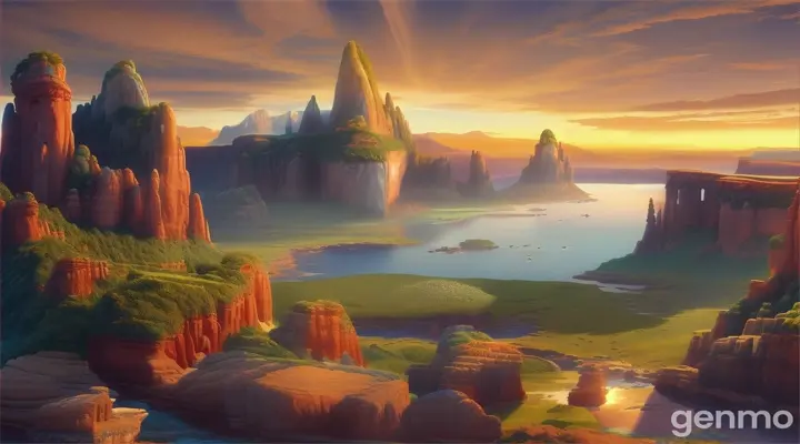 Ancient, mystical land teeming with dinosaurs, from rocky shores to towering peaks, in a 3D animated world for children. Majestic creatures, diverse and unharmed, roam freely under a boundless, twilight sky, rhymed storytelling with no limb distortion or character blending.