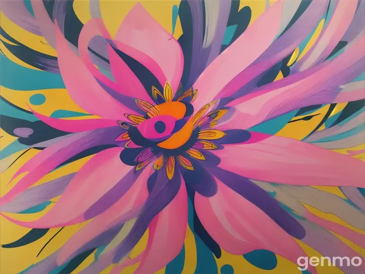 Drawing: bright day, stylized single pink flower with a stem against a background of blue sky and sun (large strokes with strokes, strokes, blots) On an abstract pop art background with spots and strokes. Рисунок: светлый день, стилизованный одиночный розовый цветок со стеблем на фоне голубого неба и солнца (крупными мазками с обводкой, штрихами, кляксами) На абстрактном фоне поп-арта с пятнами и штрихами.