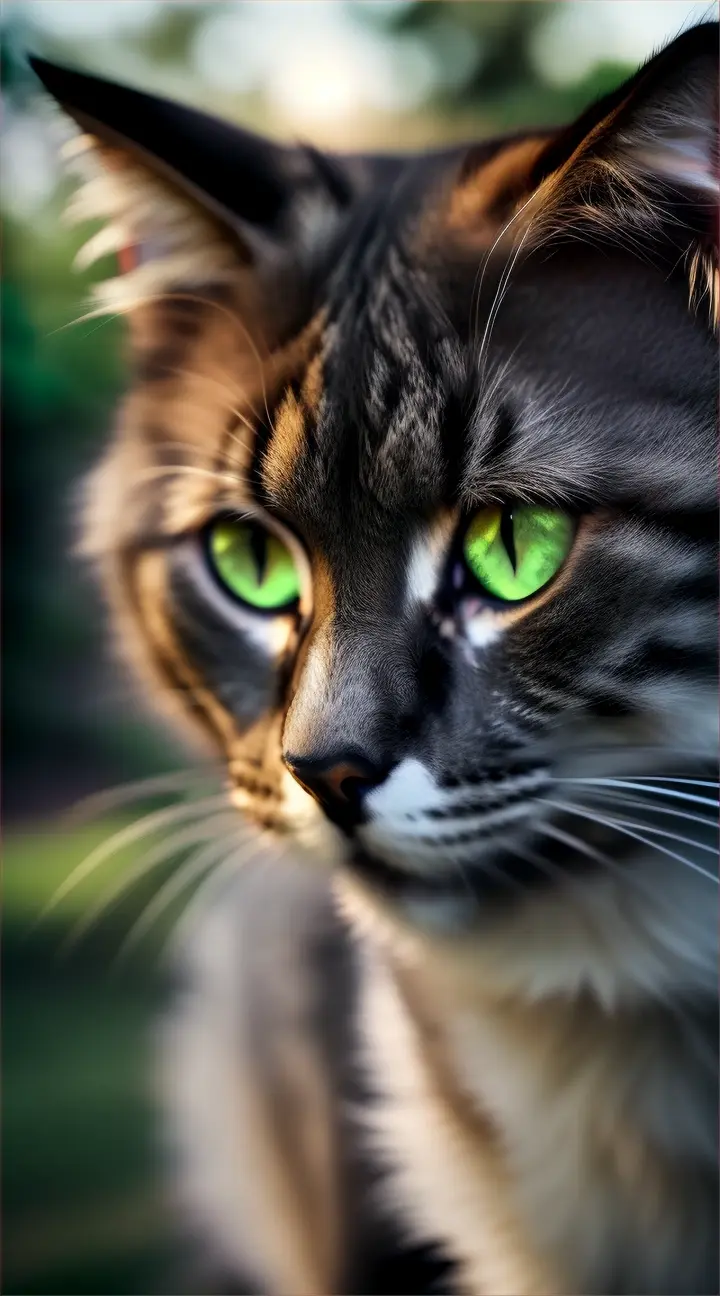 Show a mysterious, elegant cat with bright green eyes appearing at the edge of the garden.