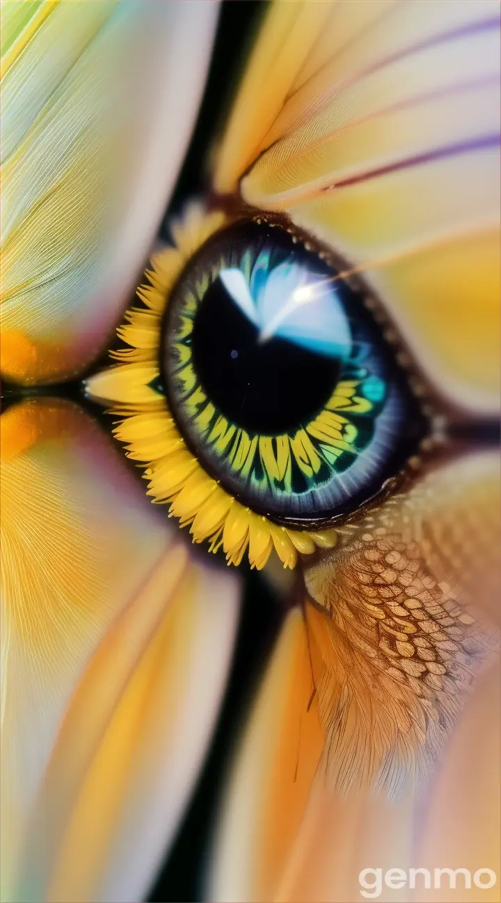 A microscopic view of a butterfly's eye and the dew-covered pistil of a yellow flower