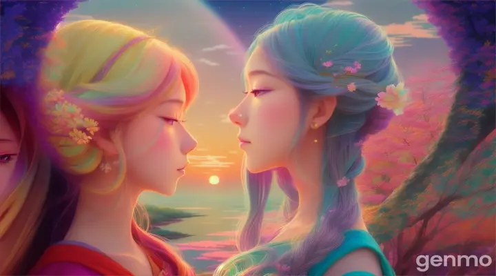 a couple of women stVery exquisite, very high quality, 16k, dreamy and beautiful Japanese animation "Saint Seiya" style.
The breeze blows, and the character's hair and clothes flutter in the wind. The character closes his eyes. The breeze blows, and the light and shadow change dreamlikely. The sun gradually rises in the background, and the sun shines everywhere.anding next to each other