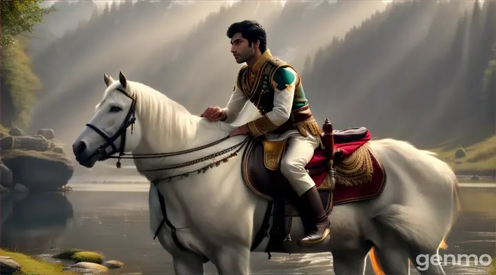 Show Indian Varun a 16-year-old fair-skinned prince,  traveling across diverse landscapes—crossing rivers, walking through forests, and traversing mountains. The scenes highlight the distance and isolation of his journey. The colors are vibrant, but Varun's figure remains a focal point of sorrow and determination..