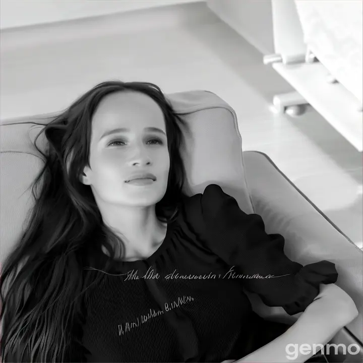 a black and white photo of a woman sitting on a couch