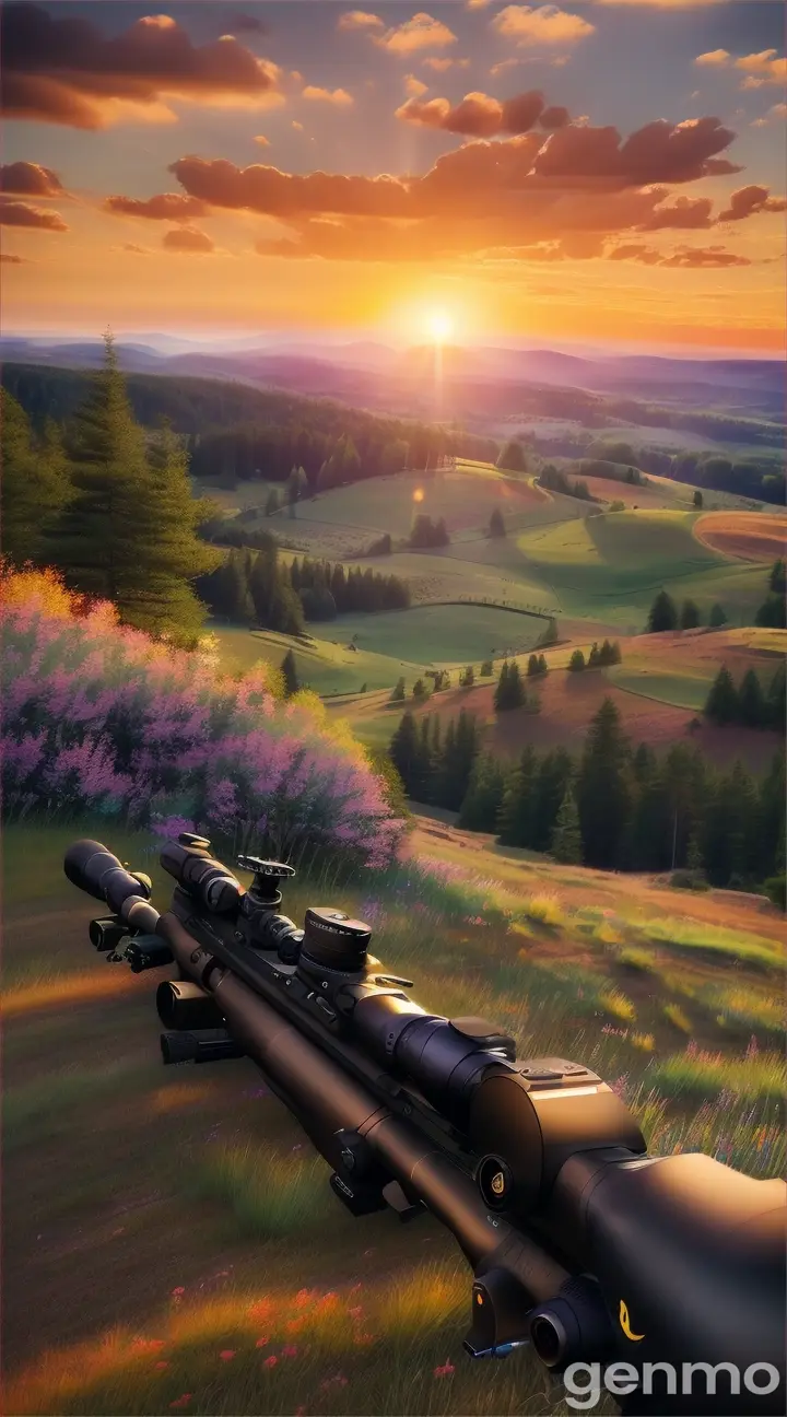  Through the sniper's scope, a serene and magical landscape unfolds with a colorful sky and natural beauty