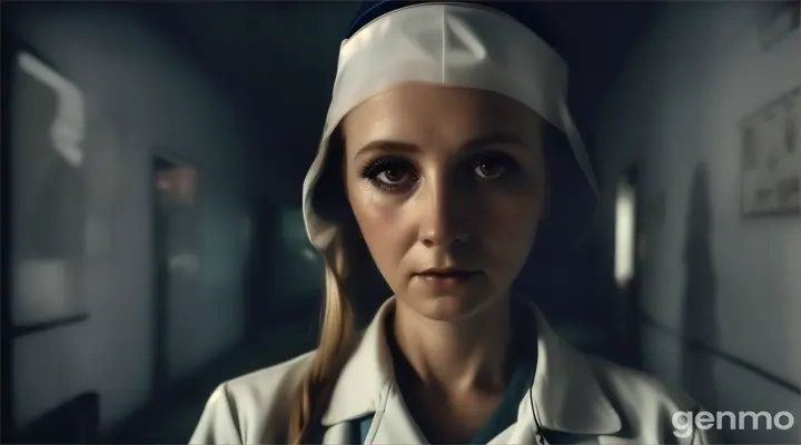 generate to me a picture of nurse ghost on 1970's. the setting is on a hospital during night time with an eerie atmosphere. horror mood, 4k