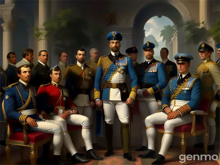 A group of soldiers, standing stoically in uniform, posed in the style of a classical portrait