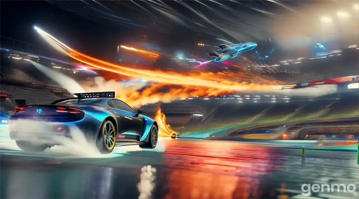 ((hyperreal flawless masterpiece, cinematic style))& hyper-detailed Hyperrealism, Rocket League, but instead of boats, there are cars gliding over water. The cars have rear boosters that can be activated to make them go faster. The boosters work like a jet engine, lifting the cars up without them tipping over. The cars can also jump on the water surface and lean against it. The physics of the game are realistic and simulate the movements of the cars on the water surface. Jet-Engine Booster physics simulation  on the water surface with precise, complex movement sequences. Calculate realistic correct high speed Jet-Engine-Booster-Physics-Simulation-Scene-Animation and predict it physically correct frame by frame. 4K 3D photographic Pixel ART Symbolism style Meteora graphics, hyperreal, --negativ_promt="not physical Jet-Engine-Booster-Physics-Simulation-Scene-Animation”