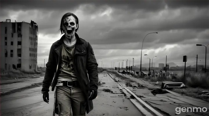 Zombie with a bloody eye laughs. The background is an abandoned ruined metropolis. Dystopian black clouds in the sky, walking dead, Black white