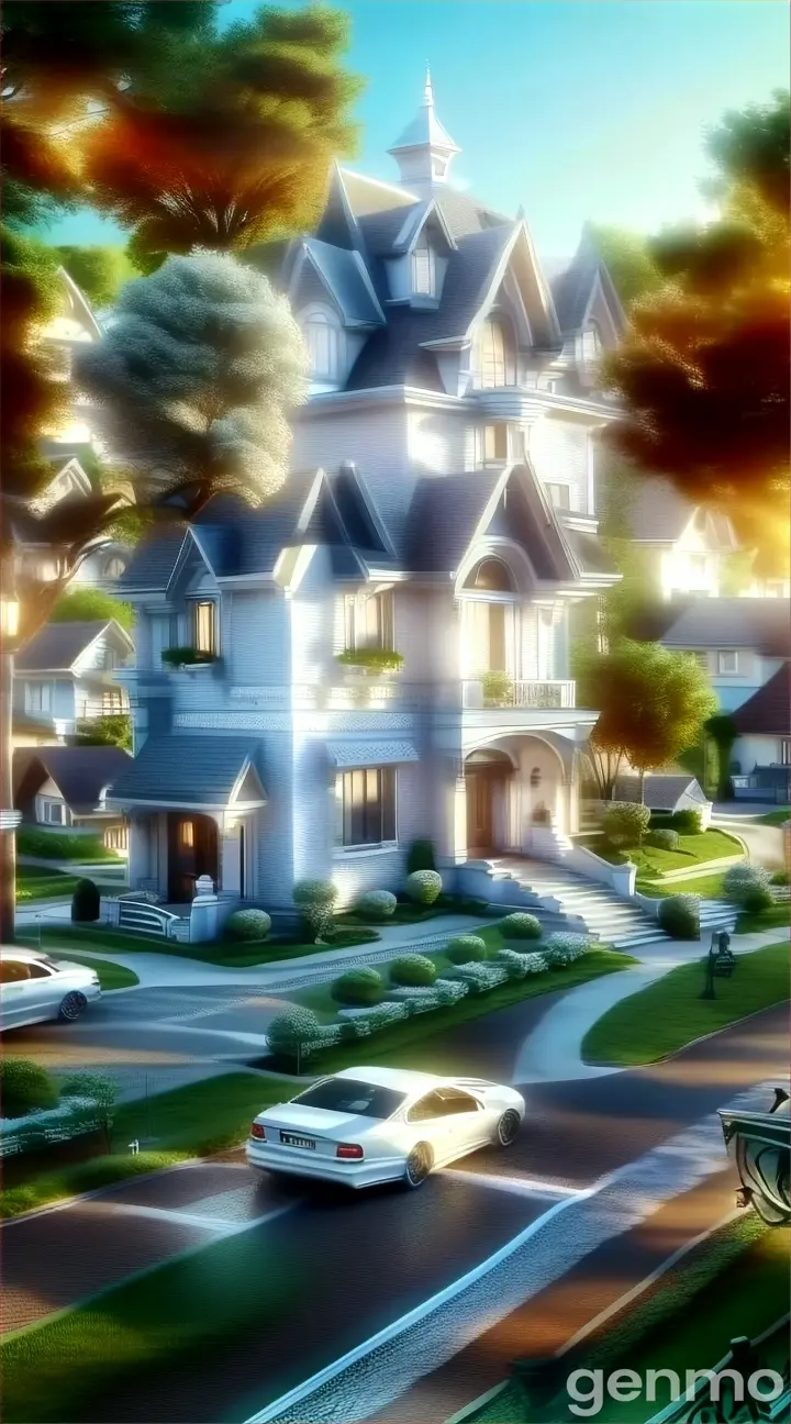 a white car is parked in front of a row of houses