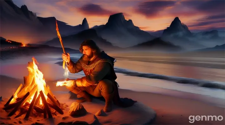 A medieval man lights a bonfire on the island's beach at night