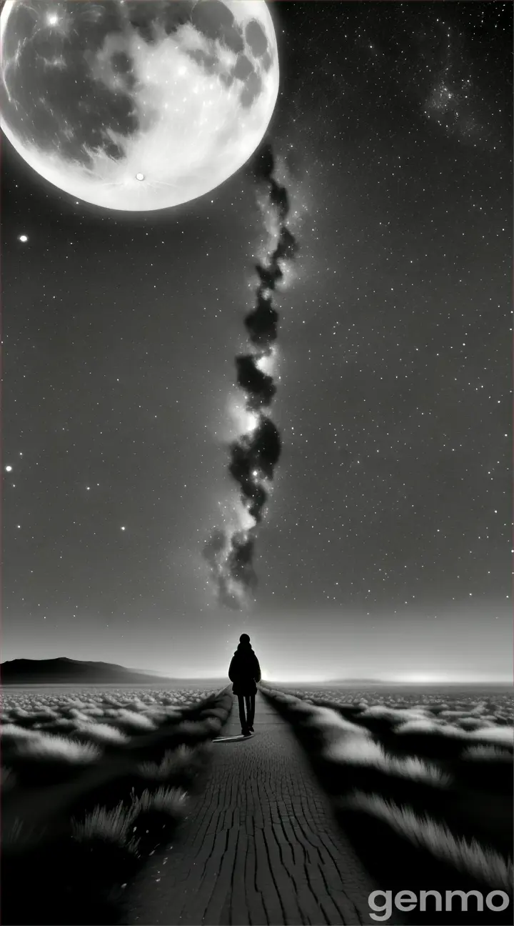 Black and white composition of someone walking on a path that is surrounded by a starry galaxy