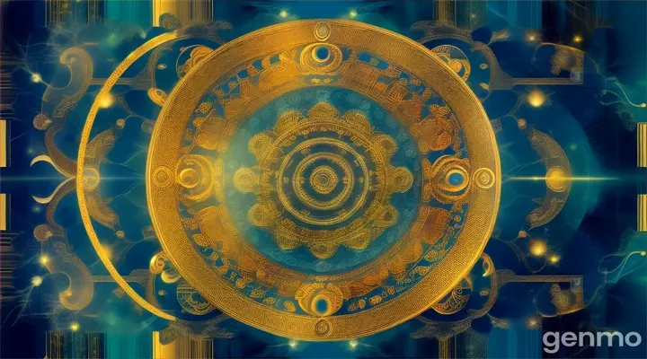 a gold and blue circular design on a blue background