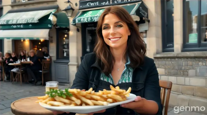 une belle femme de 40 ans, souriante, aux cheveux noirs et aux yeux verts clairs, avec une frange sur le front et une queue de cheval, mange des frites à la terrasse d'un restaurant.