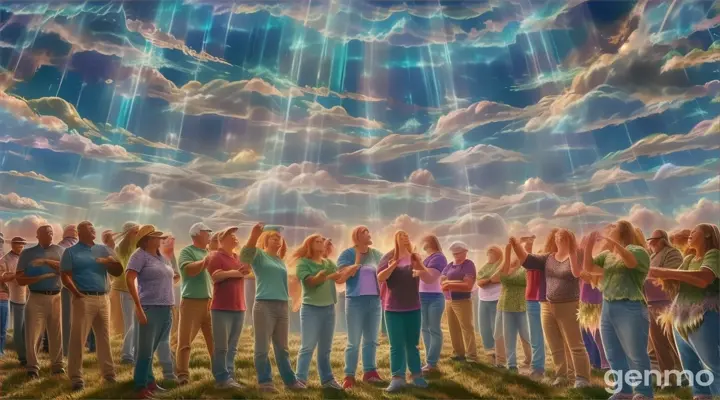 a group of people standing in front of a sky with clouds