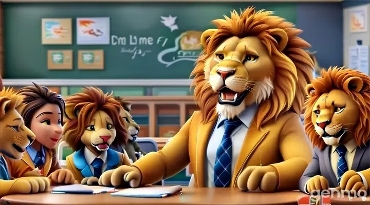 a group of children sitting around a table with an animated lion talking to them