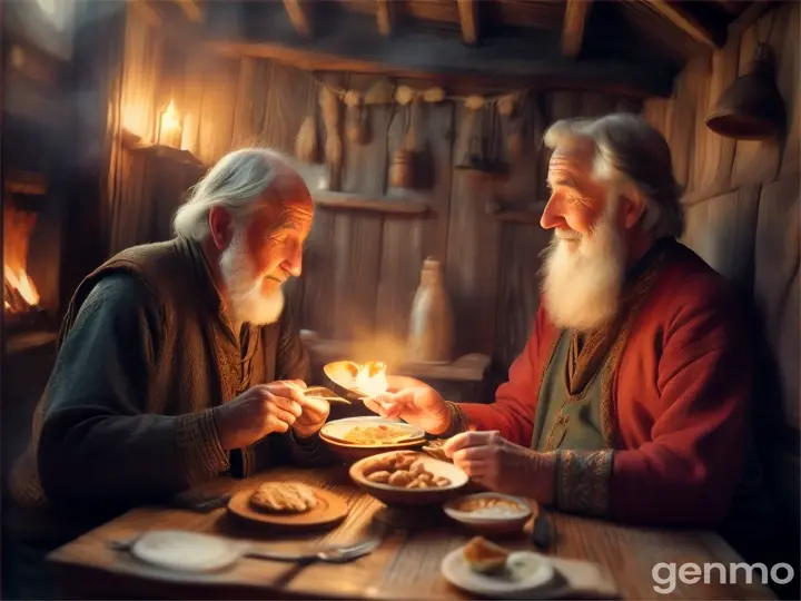 A medieval old man and  young man eat together in hut 