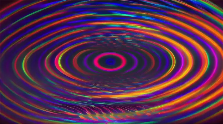 Triple-layered concentric rings with holographic edges and a neon wave pattern evoking cosmic and psychedelic vibes on a pitch-black background.