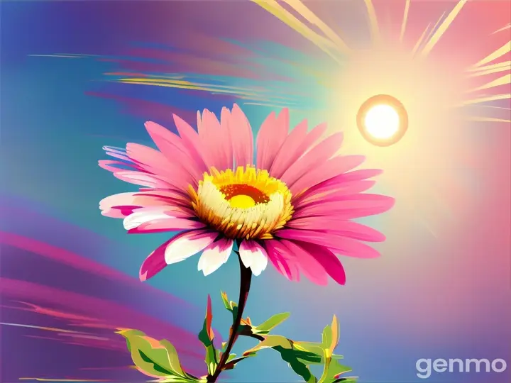 Drawing: bright day, stylized single pink aster flower with a stem against a background of blue sky and sun (large strokes with strokes, strokes, blots) On an abstract pop art background with spots and strokes. Рисунок: яркий день, стилизованный одиночный розовый цветок астры со стеблем на фоне голубого неба и солнца (крупные штрихи со штрихами, штрихами, кляксами) На абстрактном фоне поп-арта с пятнами и штрихами.