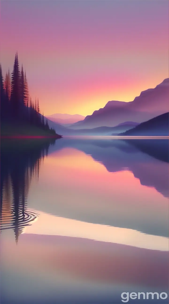 Serene lakeside at dusk, soft ambient lighting, watercolor painting 9：16