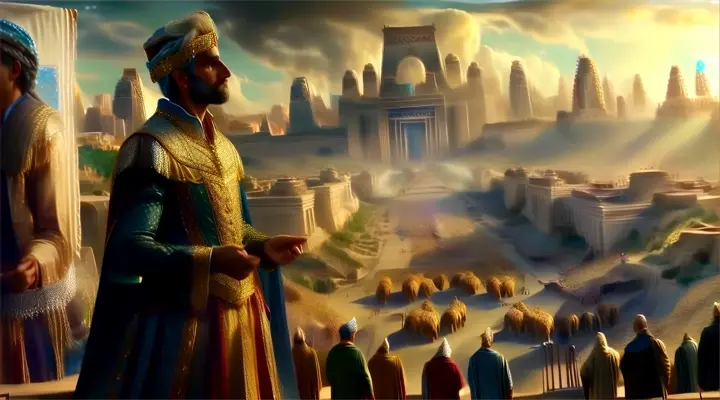a painting of a man standing in front of a city