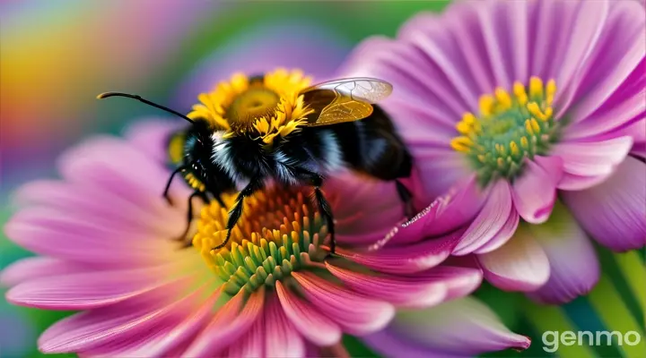 A cheerful bumblebee buzzing around and painting a garden full of colorful flowers. 