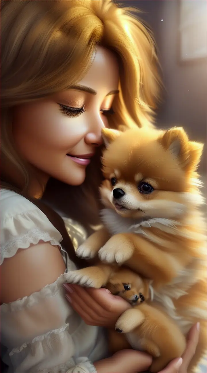 "A stunning 3D render oil painting close-up of a loving Pomeranian owner tenderly caring for her tiny puppy. The furry duo is depicted in a warm, inviting atmosphere, with soft, natural light illuminating the scene. The detailed paint strokes create a realistic texture and depth, enhancing the emotional connection between the owner and her puppy., 3d render"