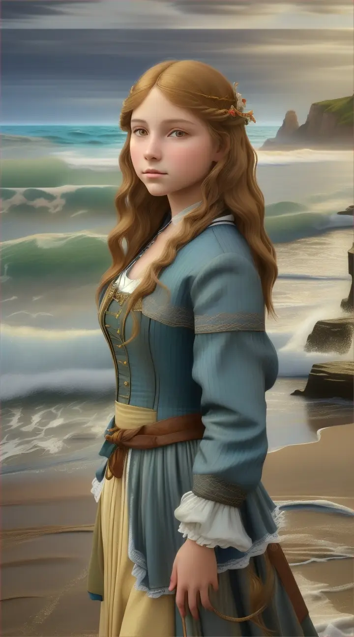 oil painting, 15th, wave forward, 16-years-old beautiful girl, 3d render