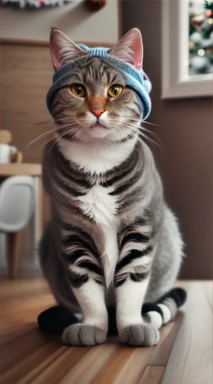 Create a photograph of a cat wearing a knitted hat with cat ears. The cat should be looking directly at the camera with a curious expression. The hat should be gray and the cat's fur should be tabby. The background should be blurry and out of focus. The cat should be sitting on a wooden table. The overall style of the image should be cute and playful, with a focus on the cat's adorable expression and the cozy, wintery feel of the hat.