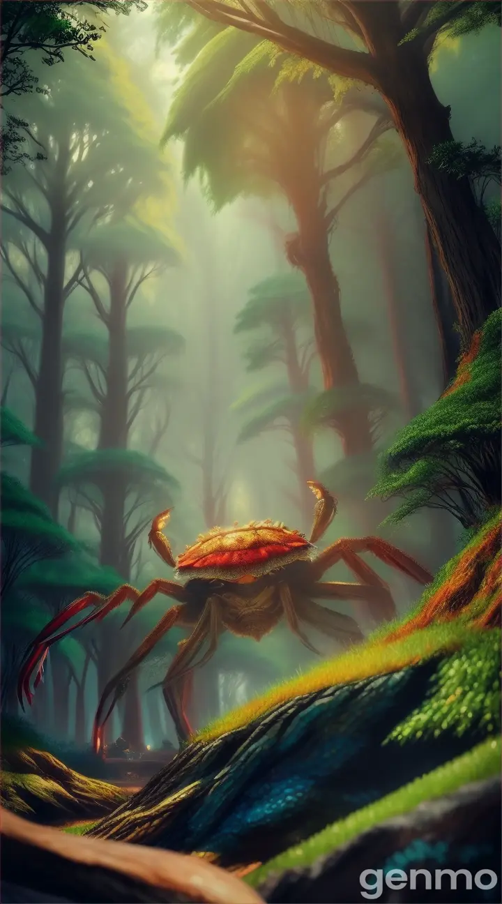 A giant crab in a magical forest, hunters in the background