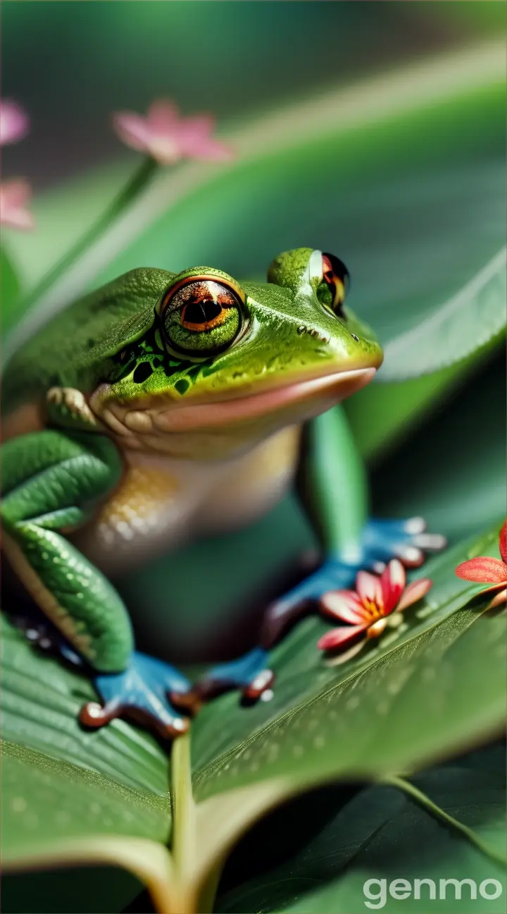 Close up of a frog moving slowly of a leaf, surrounded by lush foliage and vibrant flowers