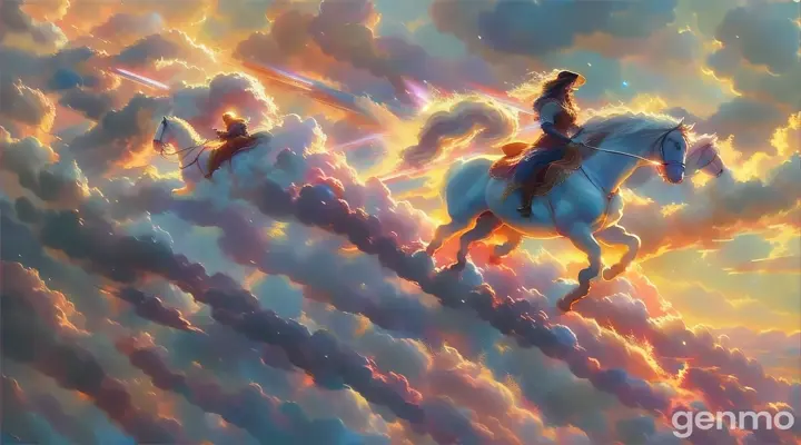 a painting of a woman riding a horse in the clouds