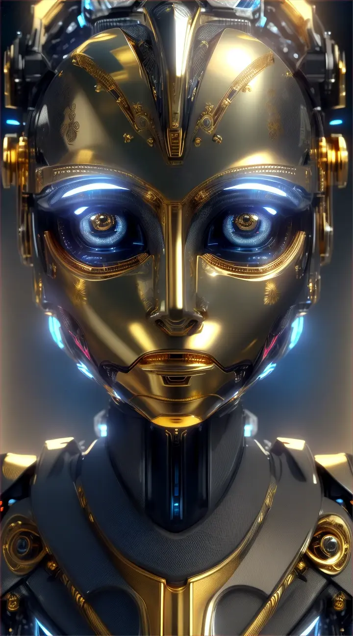 Robot with big eyes. Gold and silver colors, with dark blue background