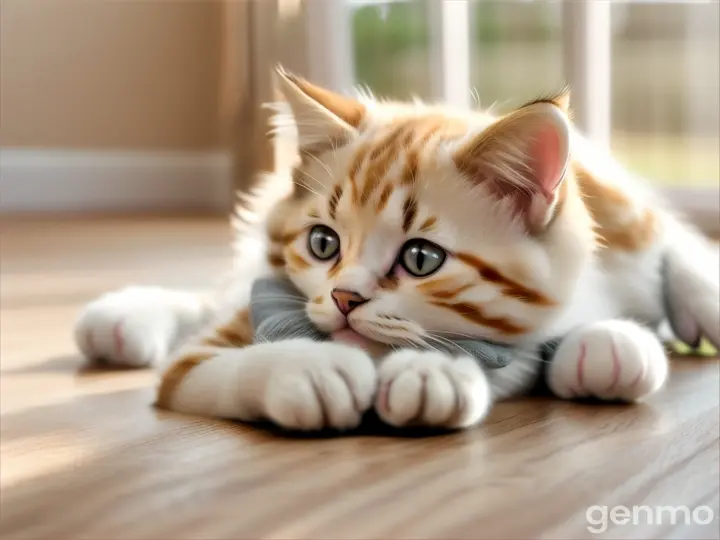 Котенок лежит на спине и раскачивает подвешенную игрушку
