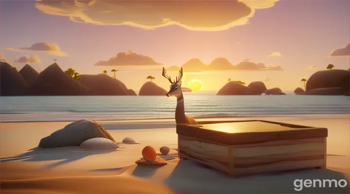 3d animation It seems like you're describing a scene or scenario involving an island, a wooden box found on the beach, and the doe (a female deer) exploring around the box. Is there anything specific you'd like to know or discuss about this scenario