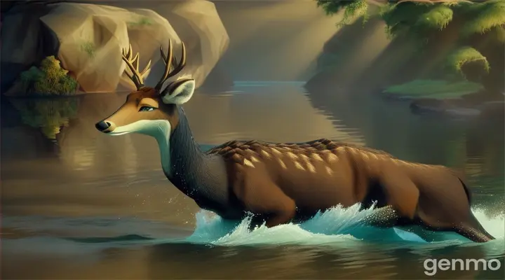 That day, deer wanted to cross the river to find food on the other side. However, he knew that Crocodile always lurked in the river. the deer planned something to cross the river without becoming Crocodile's prey.in anime,cartoon effect,lighting is smooth,3D animation