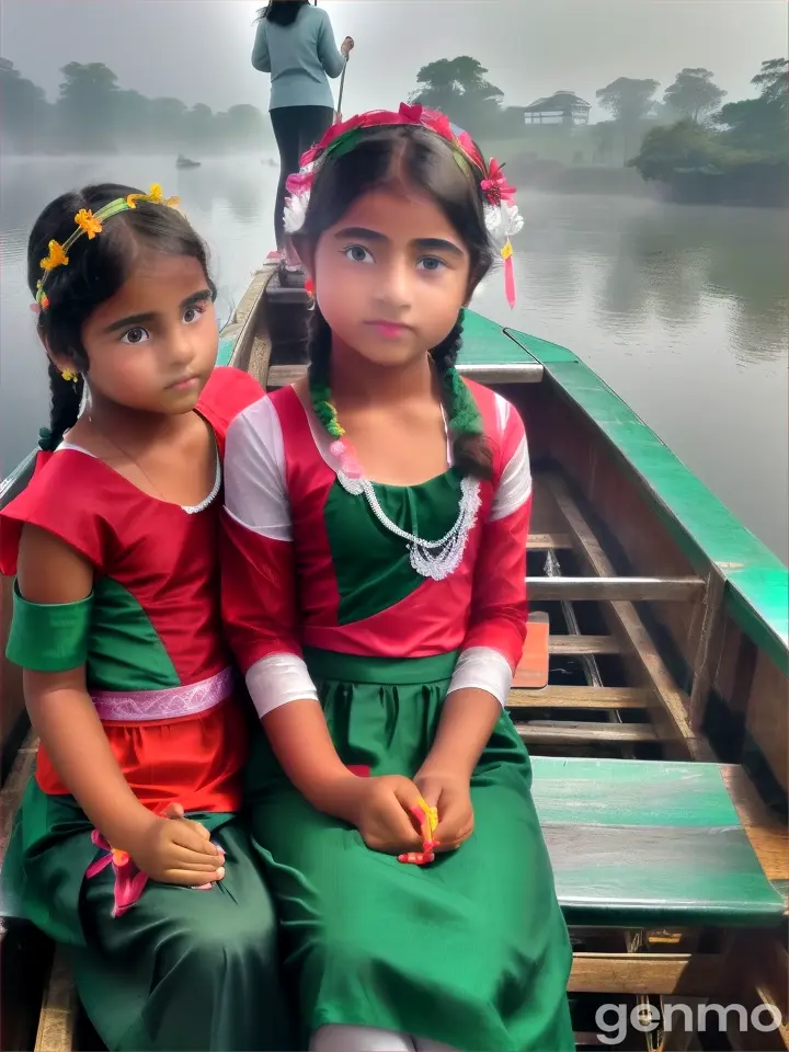 Two young girls in a quiet, misty morning on the back of a boat, surrounded by fog with only the outline of distant trees visible.