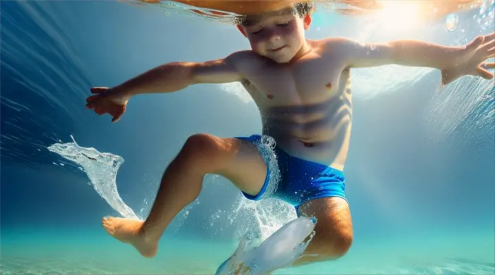 A boy does a somersault into the water, splashing towards the camera lens.
