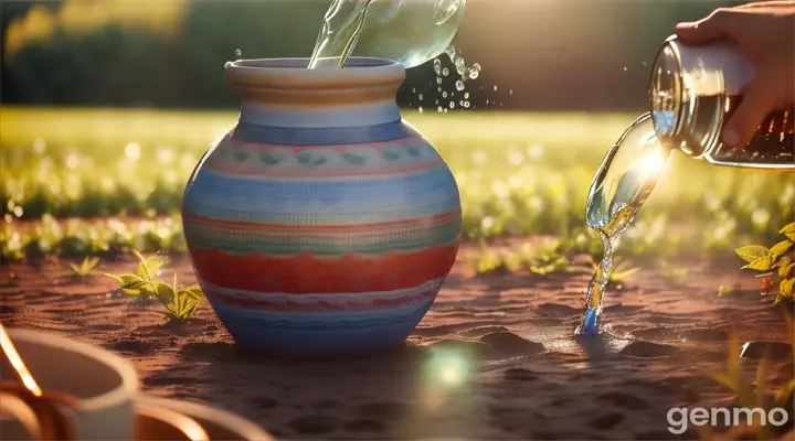 Water is being poured into a clay pot lying in the field from a bottle 