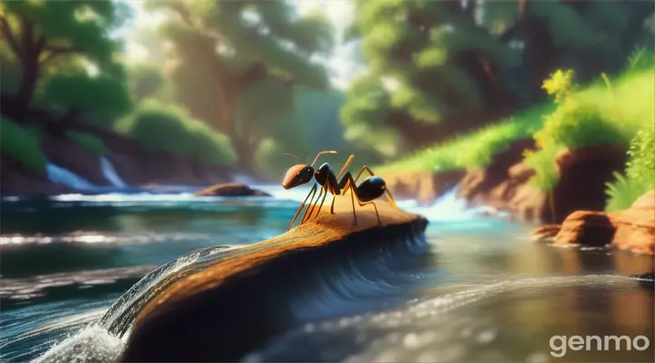 not all journeys were smooth for ants. In the middle of its journey, it had to cross a swift river. However, with strong determination, it found a safe path and continued its journey towards the fields.in anime,cartoon effect,light is smooth,3D animation