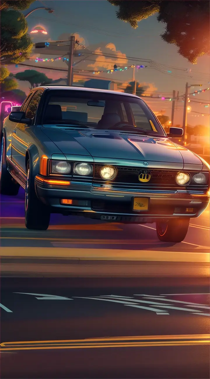 a car is parked in front of a house at night, studio ghibli and dan mumford, panoramic widescreen view, american dream, there is midnight sunset, 90's aesthetic, driveway, cleanest image, 2 0 0 0 s cartoon, california, aka dream