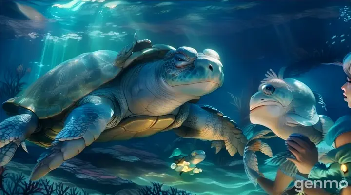  largest turtle talking with little mermaid in ocean