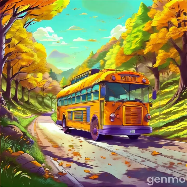 a painting of a school bus driving down a road