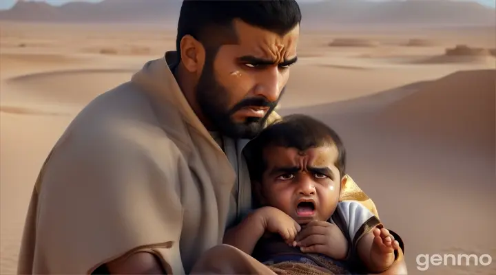 angry arab man holding an injured baby in a dessert seen, she is very upset, photo realistic,