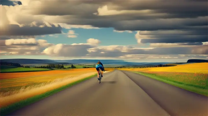 a butterfly flying over the road opposite a cyclist is riding in a landscape of fields and meadows, distant hills, the sun in the sky and cumulus clouds