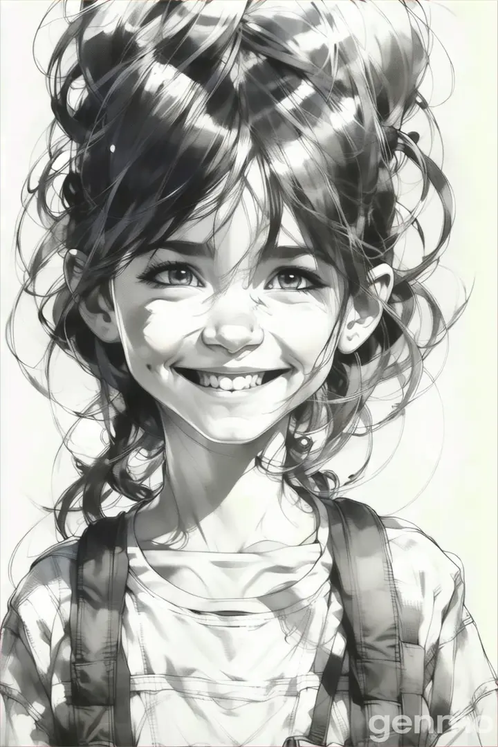 a black and white drawing of a little girl