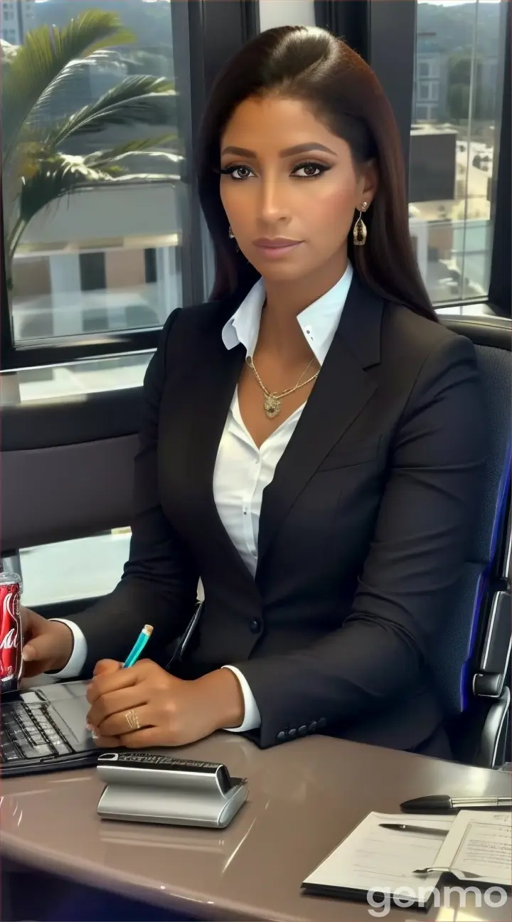 Por favor crea un video profesional donde se muestre una mujer agente de bienes raices, ella es latina con pelo negro y recojido en forma de cola de caballo, se viste muy elegante y esta en su oficina que tiene vista a Dubai. Ella esta sentada en frente de su cliente que viene a preguntar por propiedad raiz.. el es un hombre que esta vestido ejecutivo. Vertical 9.6. Mostrar las dos personas sentadas mirandose cara a cara