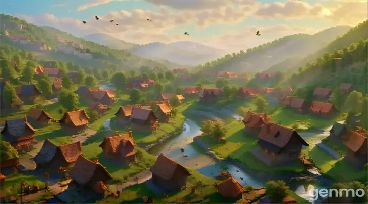 a beautiful and peaceful village nestled by the edge of a vast and mysterious forest. Birds chirp and the sun shines softly over the landscape, the villagers going about their daily routines, 3d animation, disney inspired.