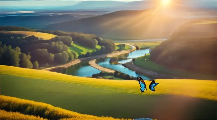 a butterfly flight through a beautiful landscape of meadows, fields and distant mountains above the road, the sun in the sky and small cumulus clouds