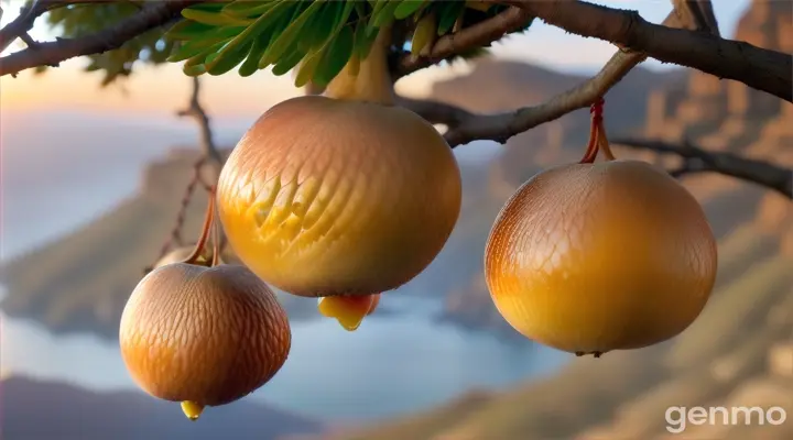 Macro photography. Fleshy fruits of the nuts of the argan tree (Argania spinosa) close-up, hanging from a branch against the backdrop of a picturesque mountain landscape of Morocco. In the distance is the stormy and cool Atlantic Ocean. Surf at sunrise., with Sony Alpha a9 II and Sony FE 200-600mm f/5.6-6.3 G OSS lens, natural light